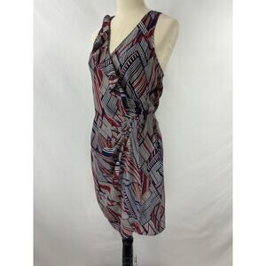 Parker Wrap Dress Blue Red Print Medium Silk Racer Back Knee Length Sleeveless